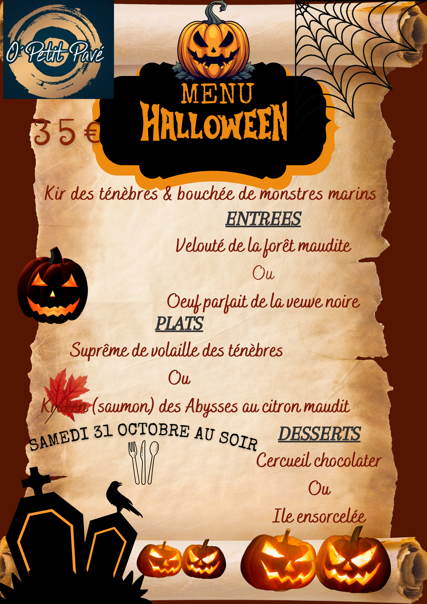 MENU HALLOWEEN SAMEDI 31 OCTOBRE AU SOIR