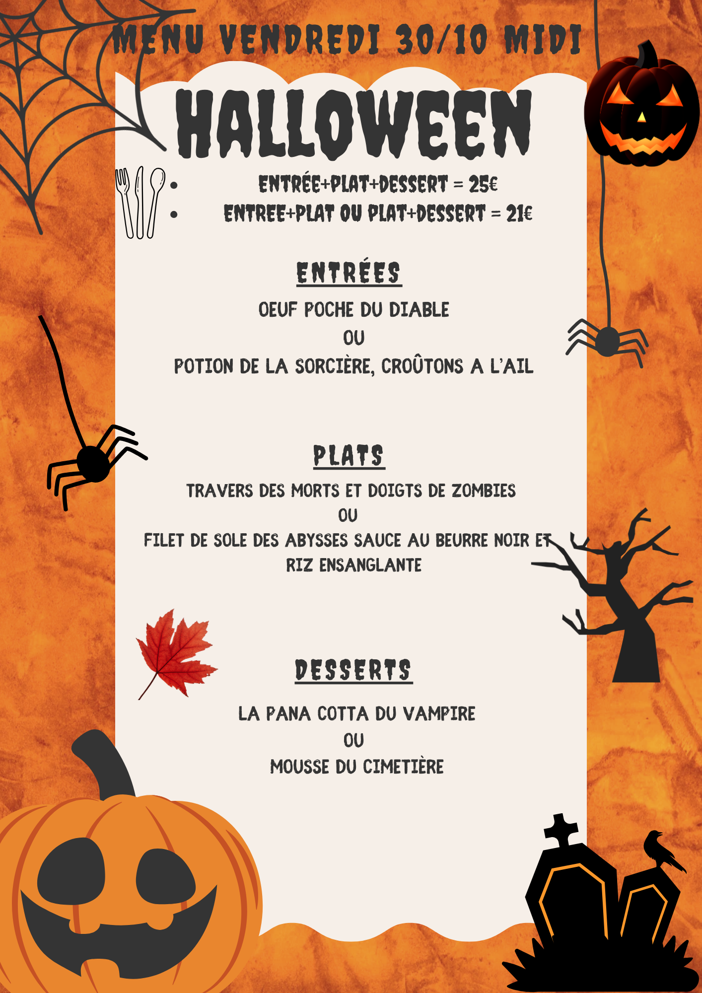 Menu HALLOWEEN du vendredi 30 octobre 2026 - Midi