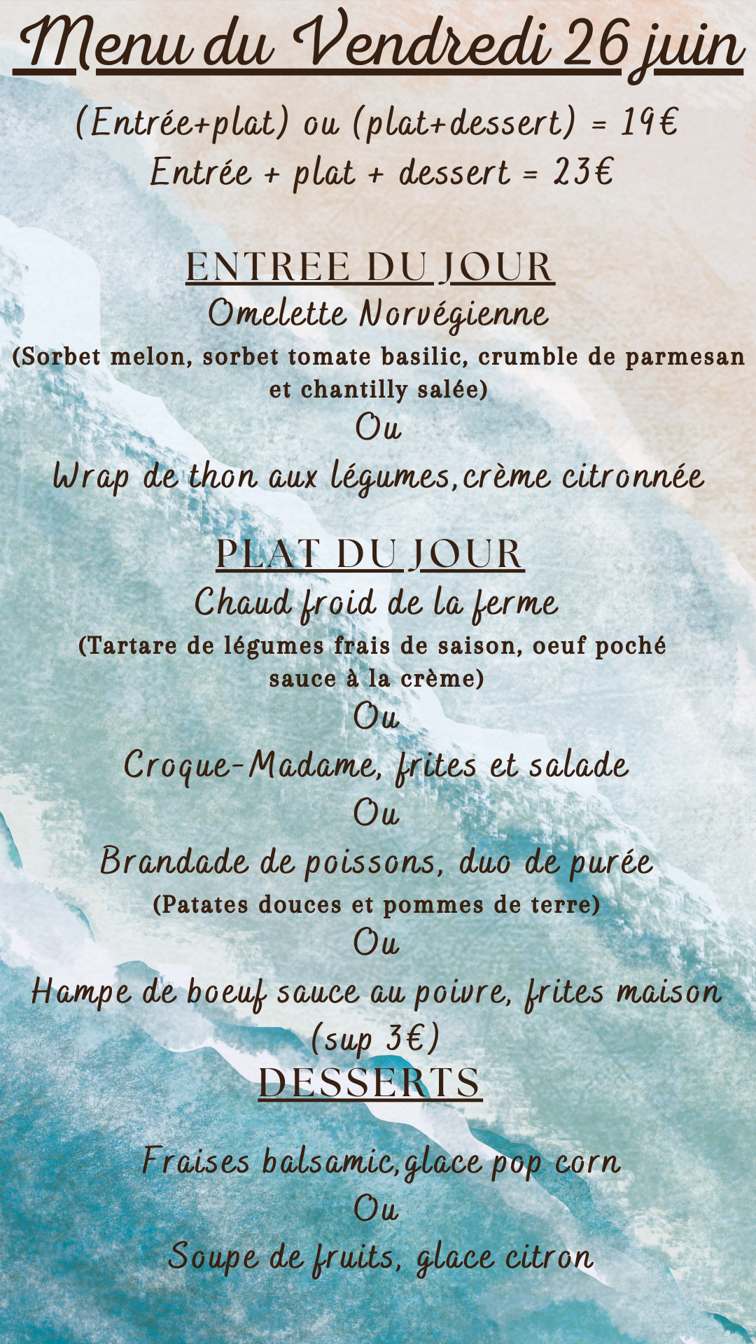 Menu du jour : Vendredi 26 juin 2026 - Midi