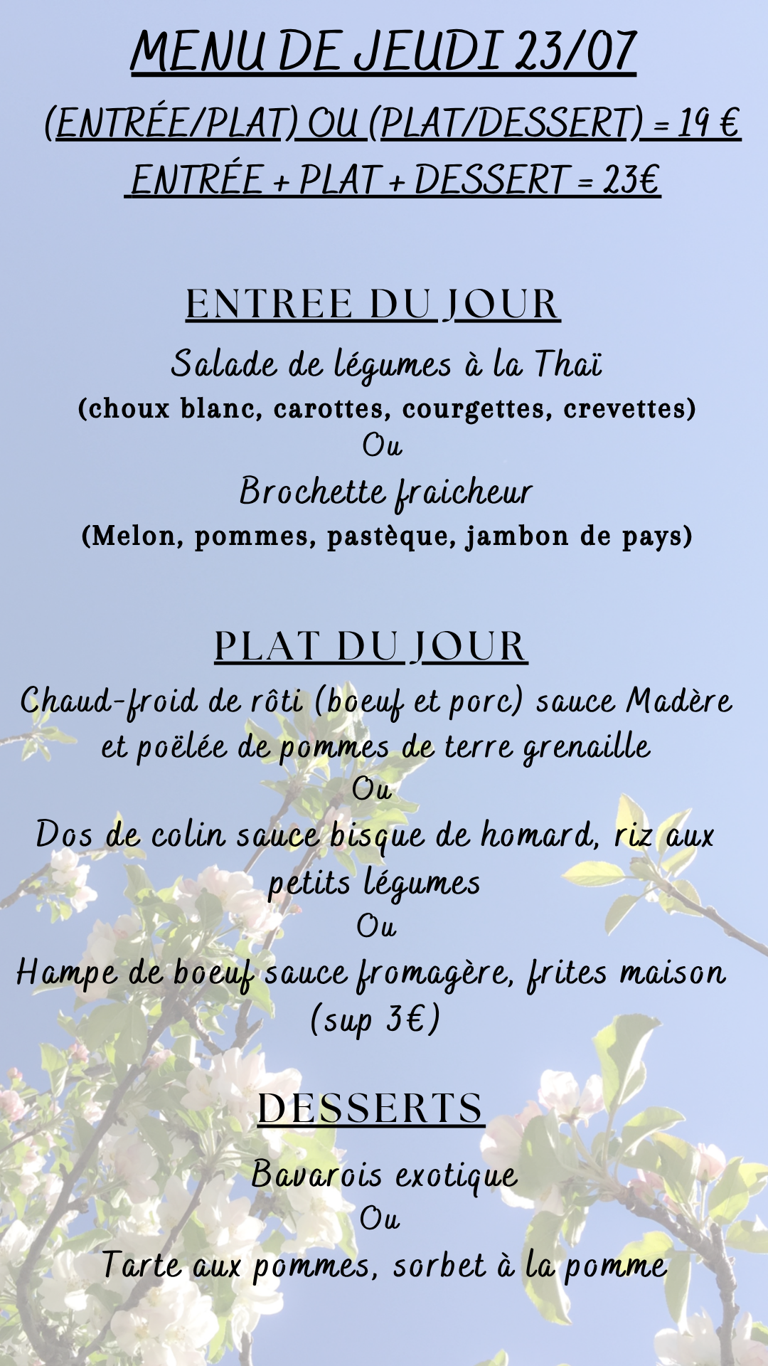 Menu du jour : jeudi 23 juillet 2026 - Midi