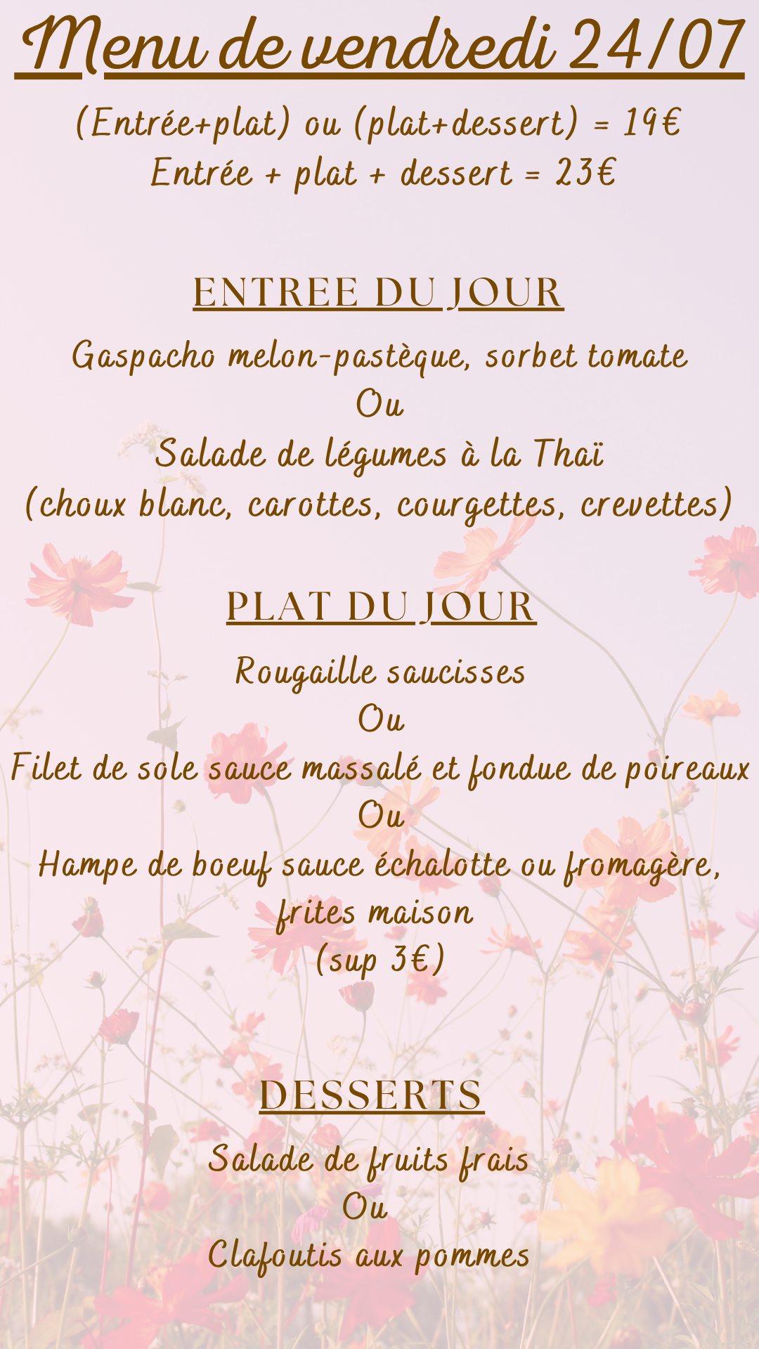 Menu du jour : vendredi 24 juillet 2026 - Midi