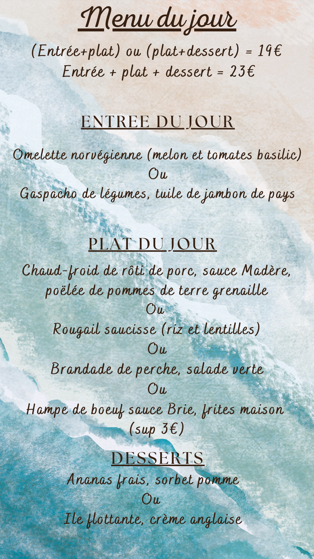 Menu du jour : Lundi 27 juillet 2026 - Midi