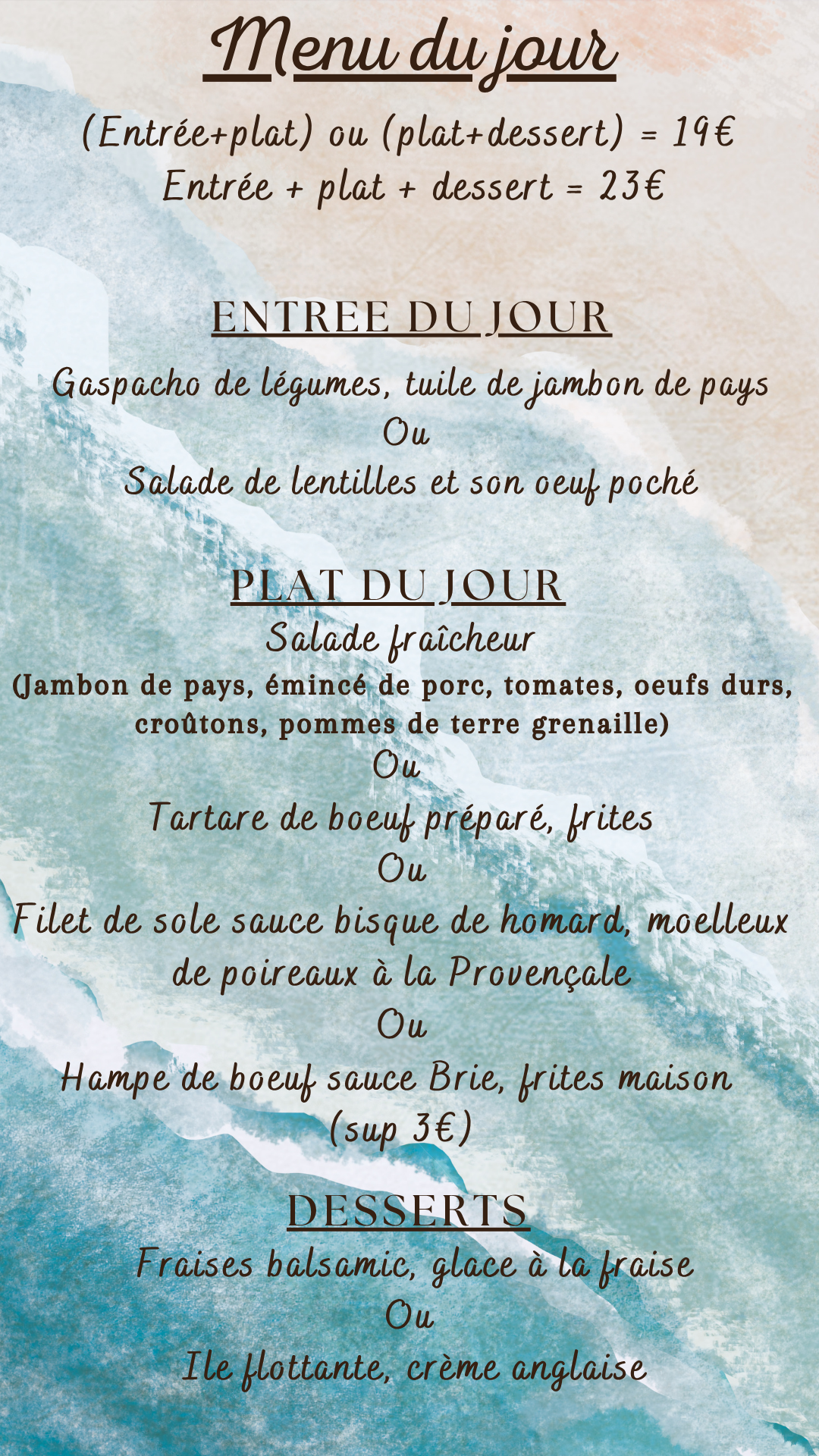 Menu du jour : Mercredi 29 juillet 2026 - Midi
