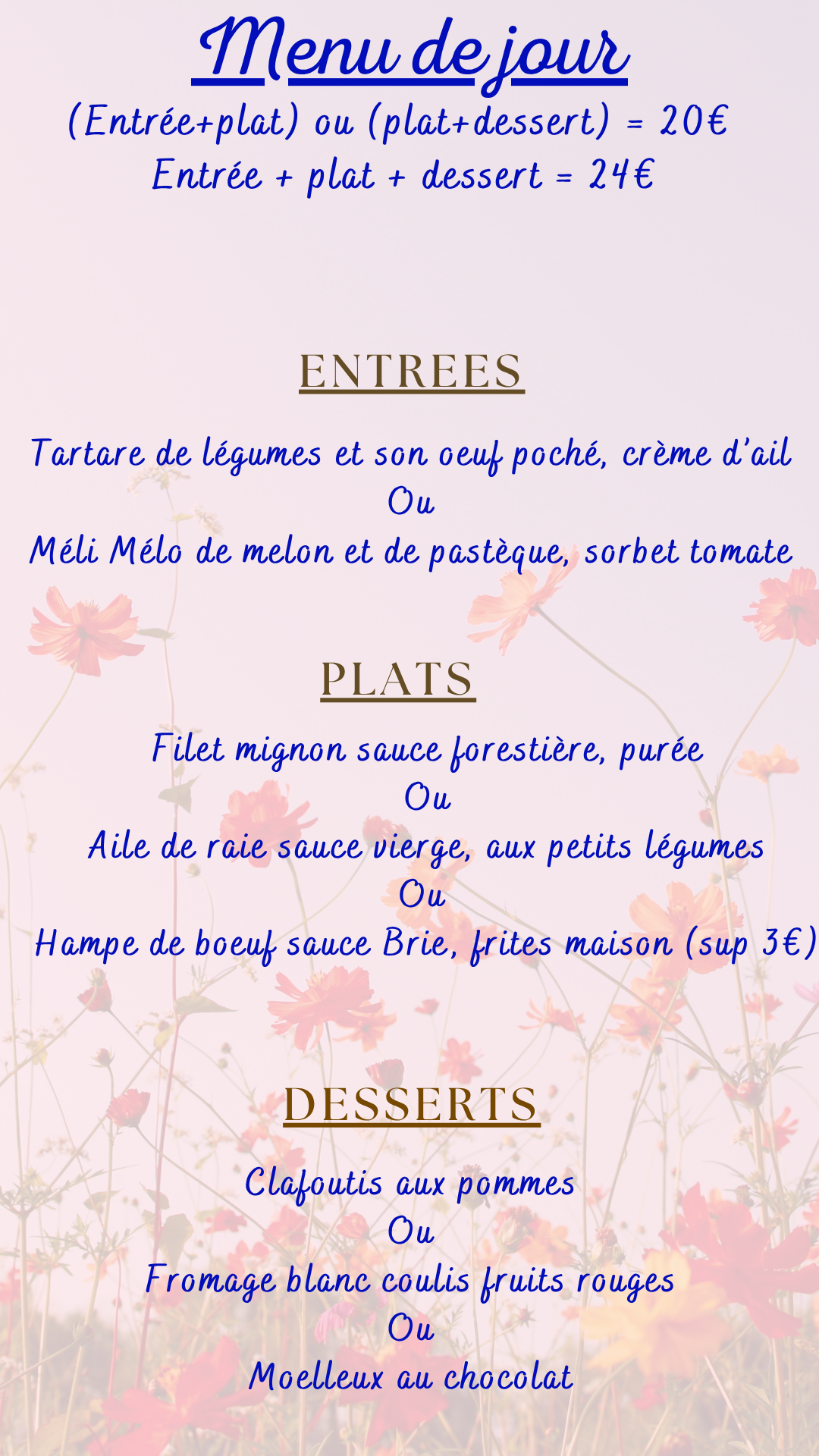 Menu du jour : Mercredi 23 septembre 2026 - Midi