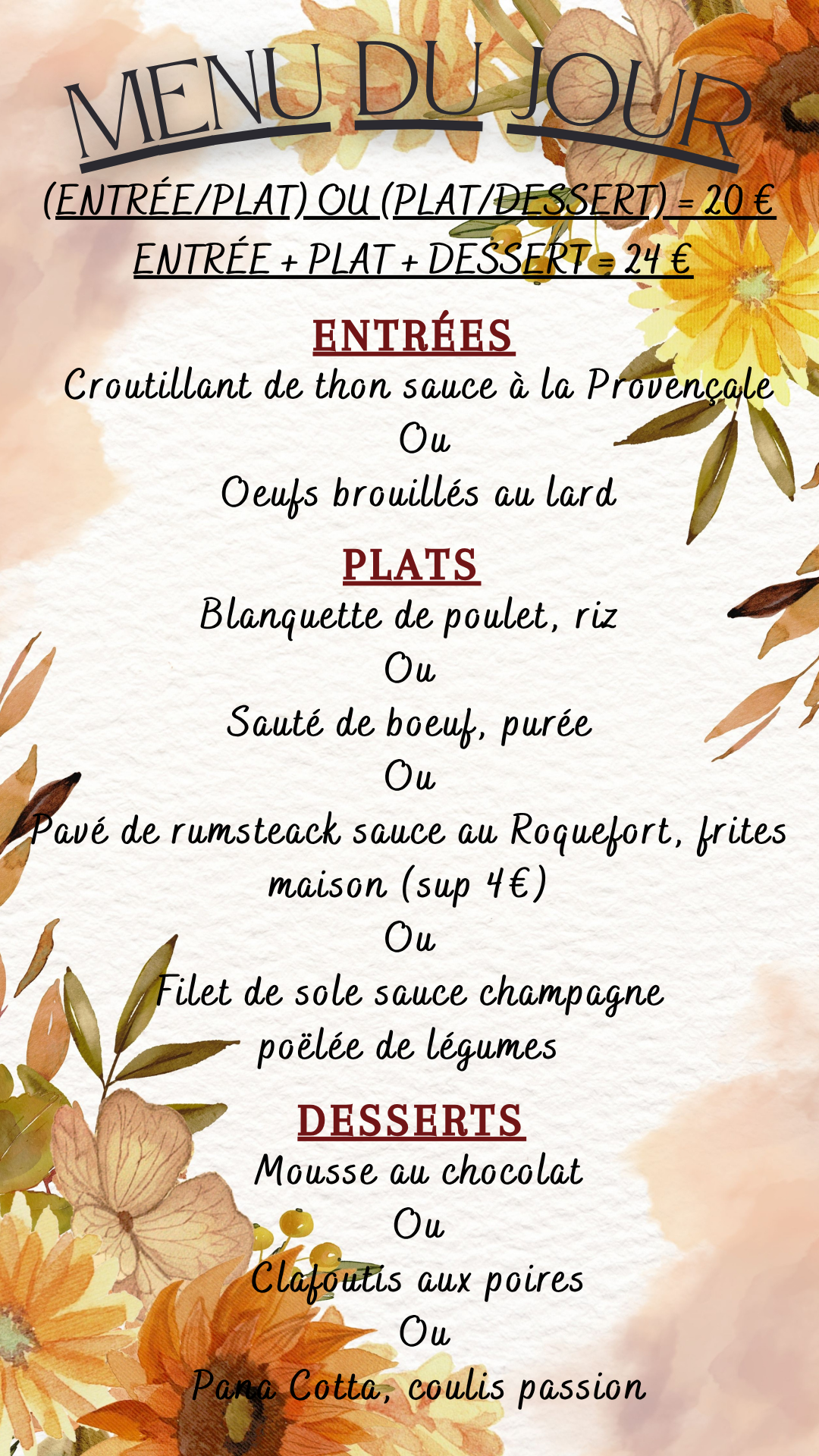 Menu du jour :  Lundi 26 octobre octobre 2026 - Midi