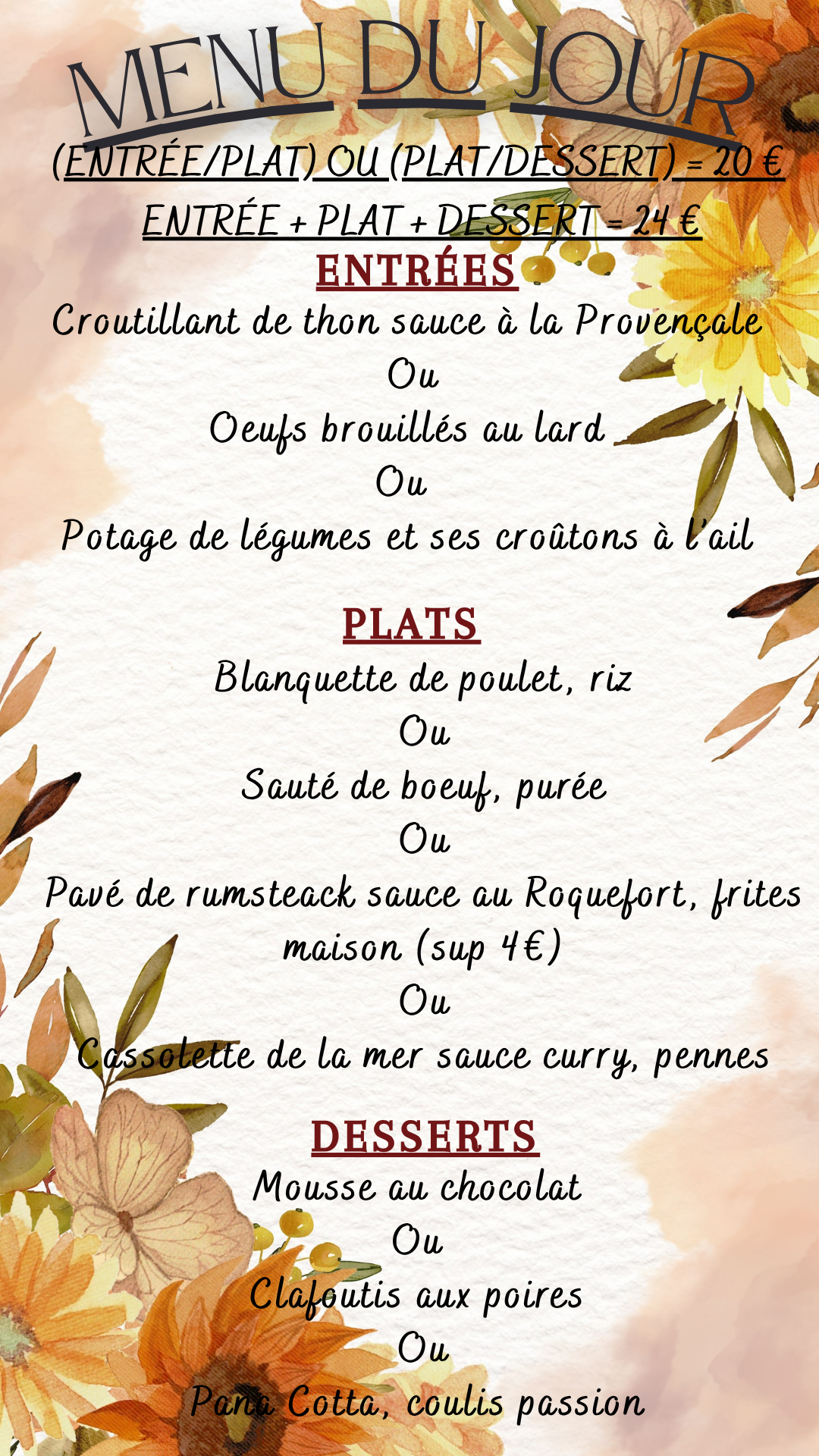 Menu du jour :  Mardi 27 octobre 2026 - Midi