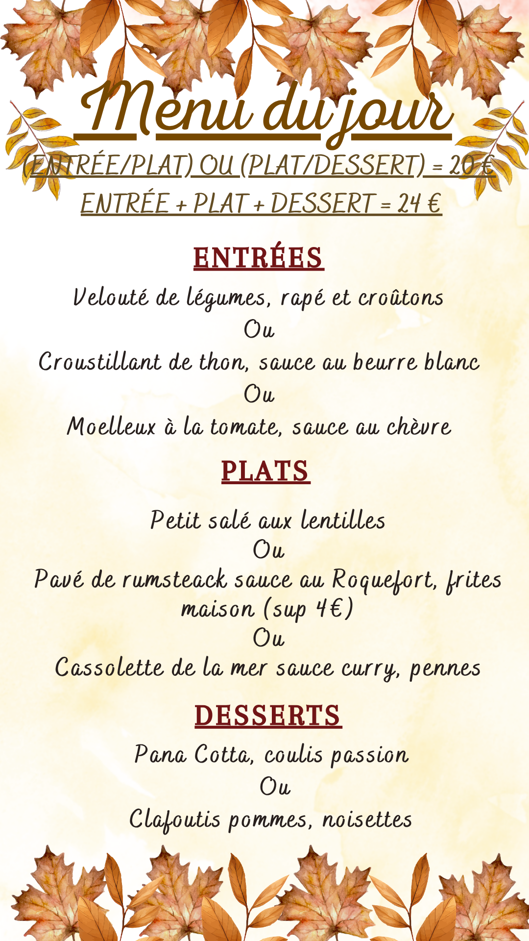 Menu du jour :  Mercredi 28 octobre 2026 - Midi