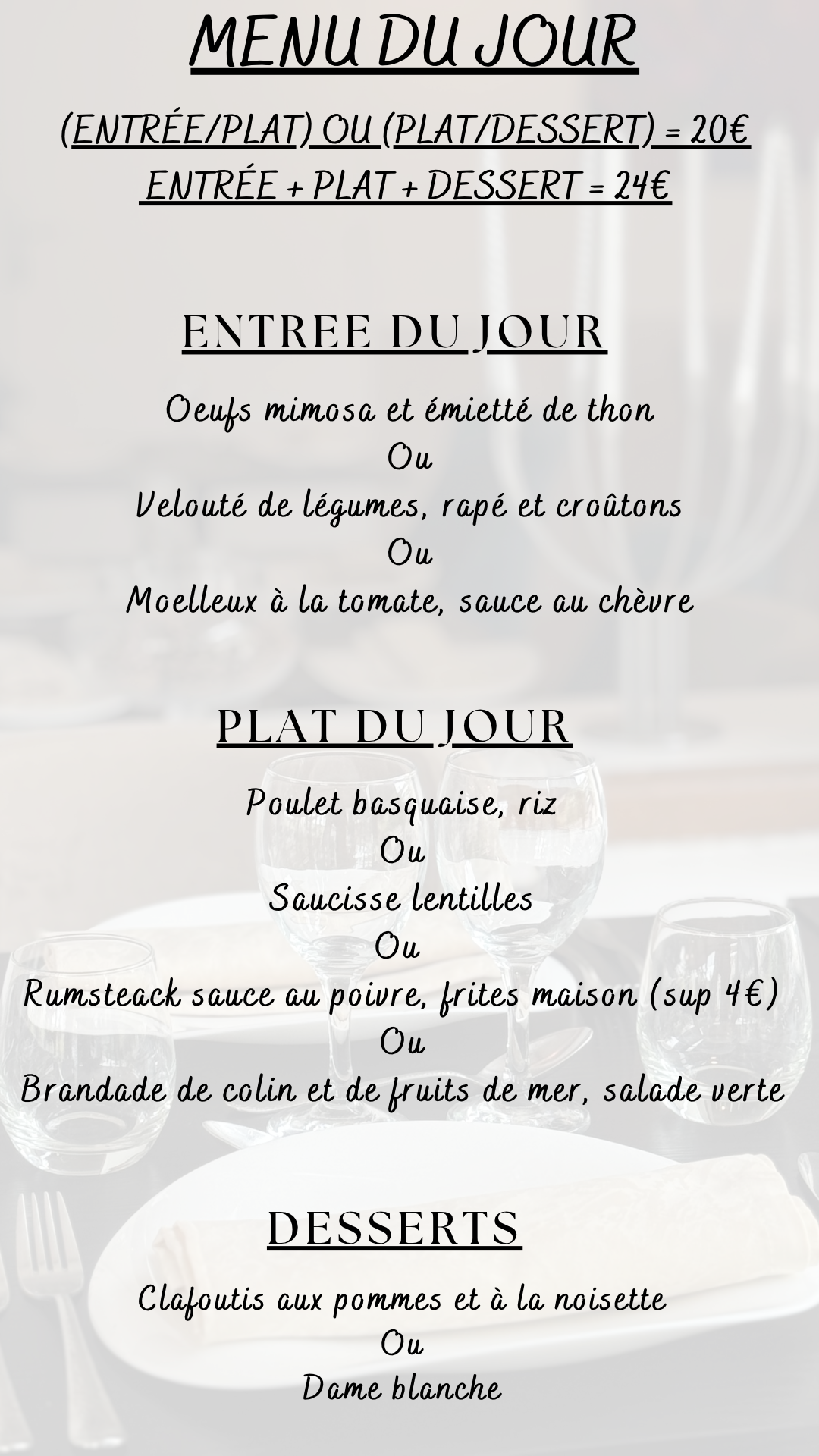 Menu du jour :  Jeudi 29 octobre 2026 - Midi