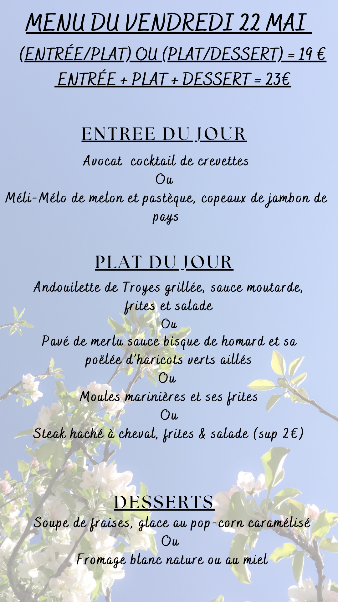 Menu du jour : Vendredi 22 mai 2026 - Midi
