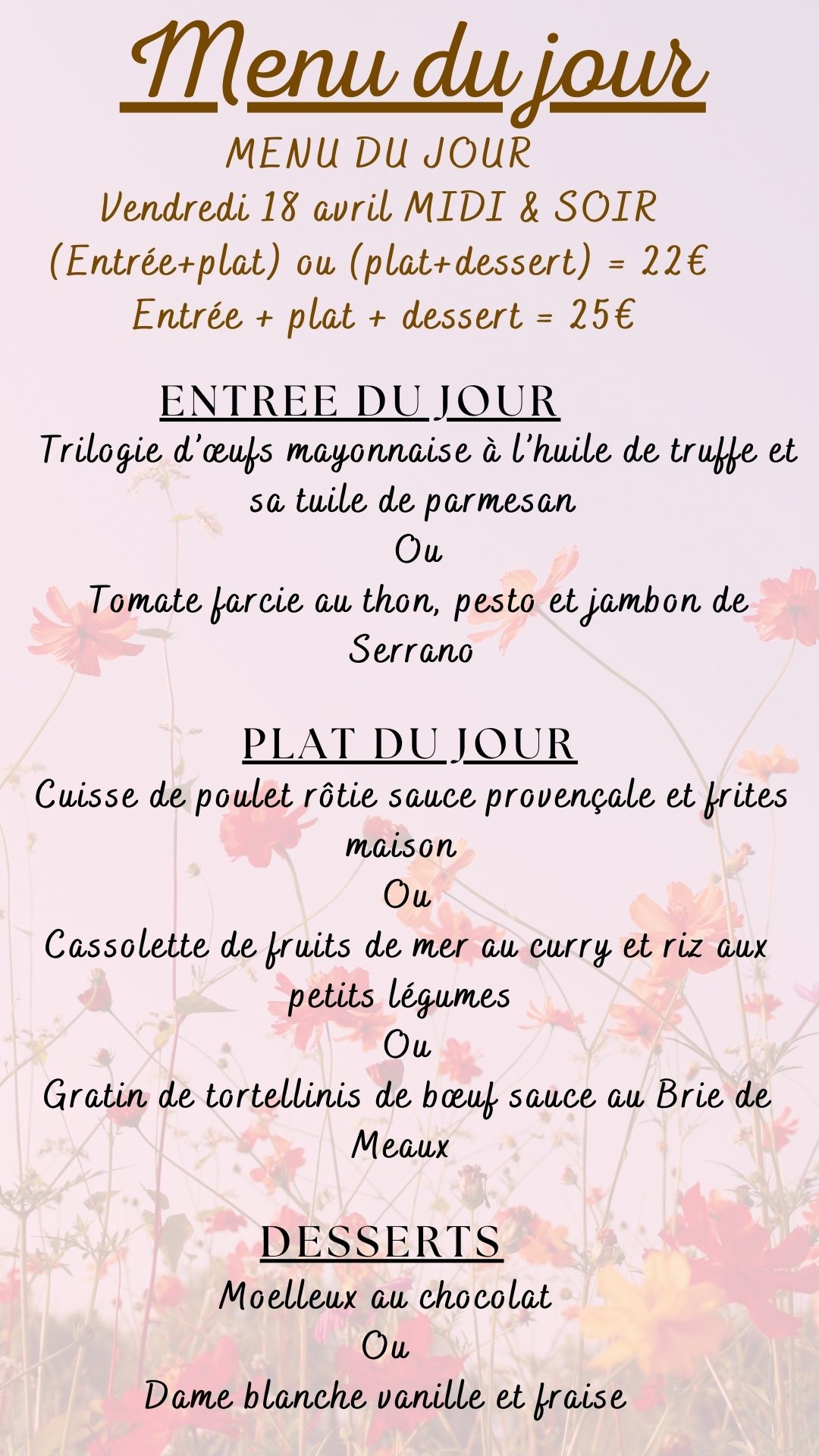 Menu du jour du vendredi 18 avril 2025 - Midi et soir